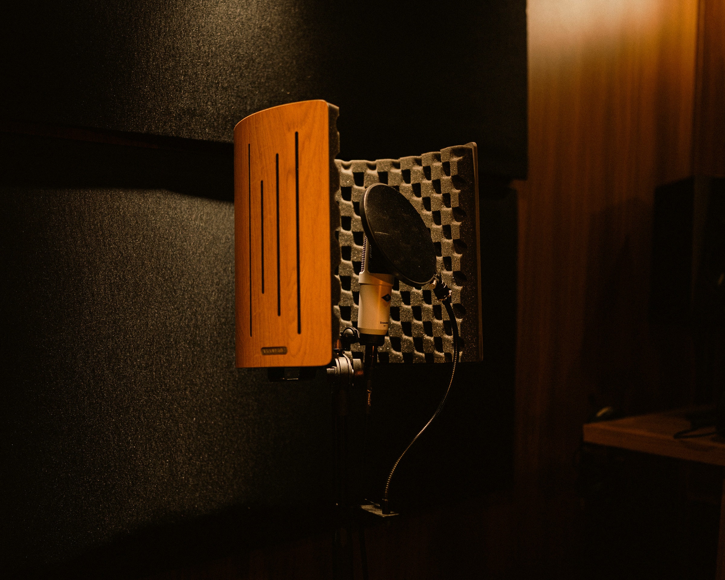 Micro de studio avec filtre anti-pop et panneau acoustique